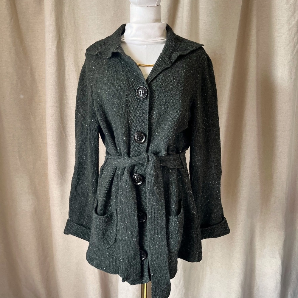 Vintage Talbots Made in Italy Green Wool Blend Belted Tweed Sweater Coat Large